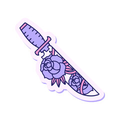sticker of tattoo in traditional style of a dagger and flowers in bright neon color