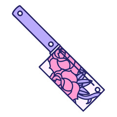 iconic tattoo style image of a cleaver and flowers in bright neon color