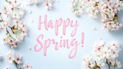 Modern spring greeting card design with cherry blossoms and "happy spring" message