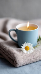Blue monday aromatherapy setup with burning candle and chamomile tea for relaxation
