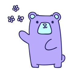 hand drawn quirky cartoon bear and flowers in bright neon color