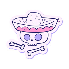 sticker of a cartoon skull in mexican hat in bright neon color