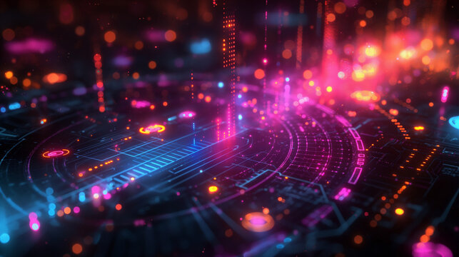 Neon futuristic digital interface with vibrant data flow. Abstract HUD screen in glowing cyber design. Ideal for technology, virtual systems, or innovation-themed visuals.

