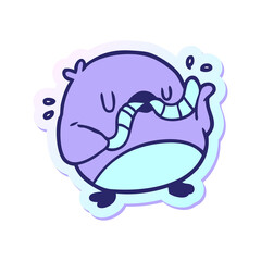 sticker of a cartoon robin with worm in bright neon color