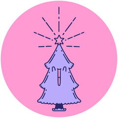 icon of a tattoo style christmas tree with star in bright neon color