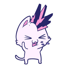 cartoon punk rock cat hissing in bright neon color