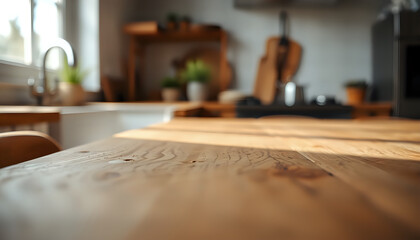 A close-up of a wooden table with soft bokeh and minimalist kitchen aesthetics.