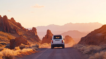 Couple adventure in suv through majestic mountainous landscape at sunset