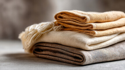 Warm sunlight on folded cotton and linen textiles for home decor inspiration