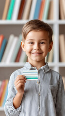 Smiling child holding colorful library card in library setting for education and literacy promotion