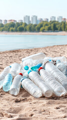 Environmental pollution: beach littered with plastic bottles and trash highlighting conservation efforts