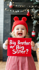 Excited toddler holding big brother or big sister announcement sign for family reveal