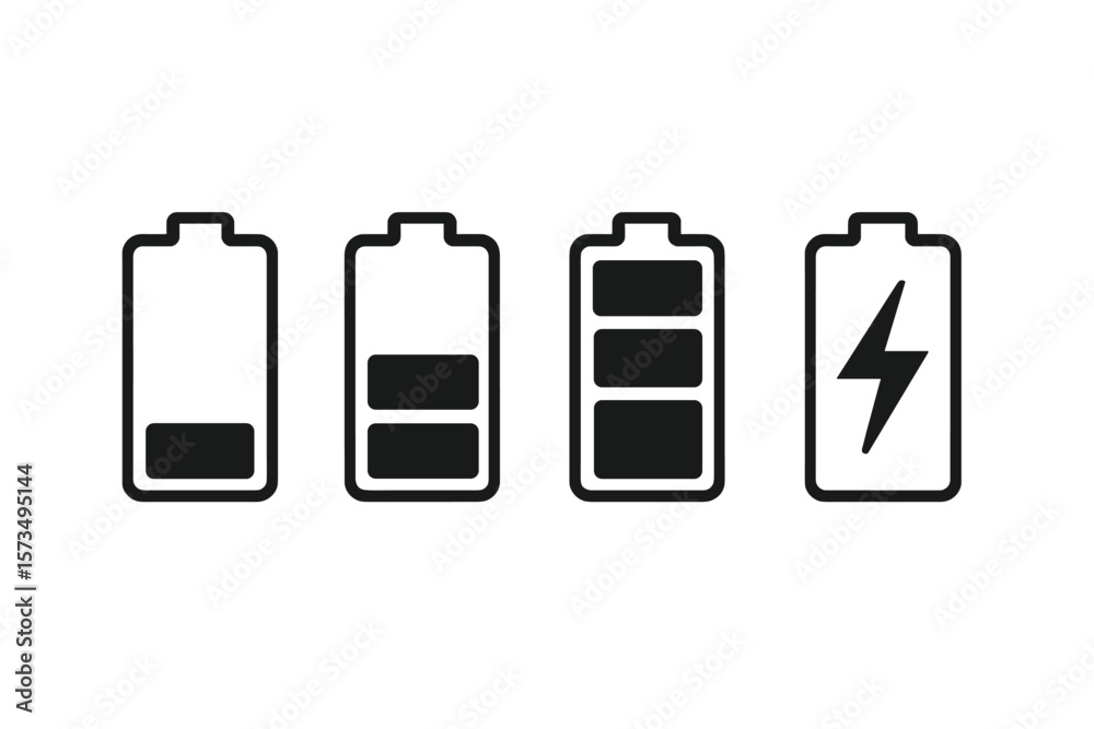 Aufkleber battery charge level indicator icon set. low, medium, full and empty power status symbol. mobile pho