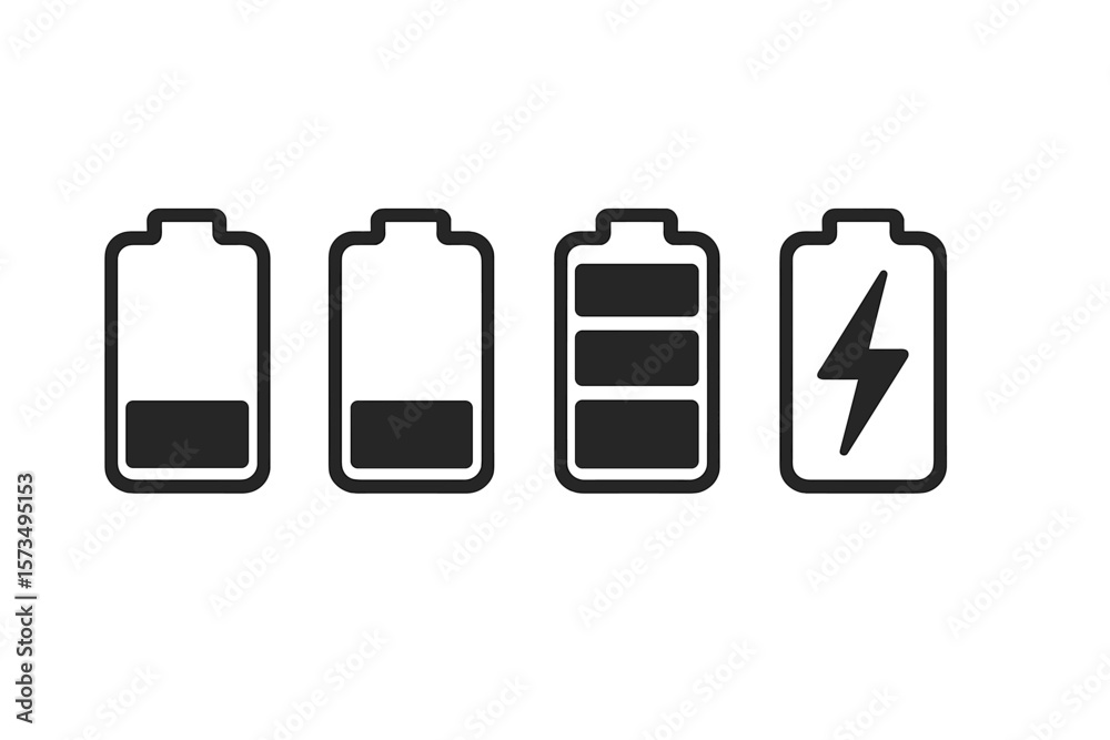 Poster battery charge level status indicator icon set. vector illustration of power energy symbol from low 
