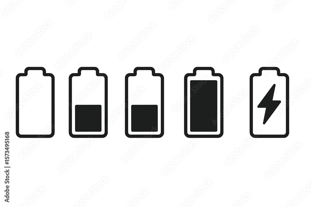 Poster battery level icon set. charge status sign collection with empty, low, medium, full, and charging sy