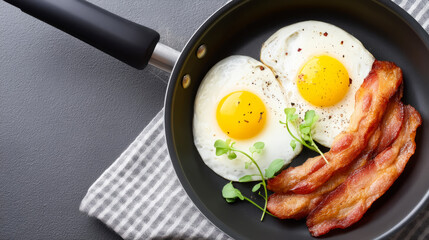 Modern non stick frying pan with eggs and bacon on striped towel for kitchen design