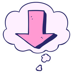 cartoon pointing arrow with thought bubble in bright neon color