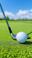 Golf club set to swing on pristine green course under clear blue sky