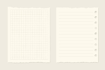 Realistic torn notebook paper set. Blank ripped page from a diary or scrapbook. Lined and grid graph paper sheet for notes, messages or school. Vector illustration.
