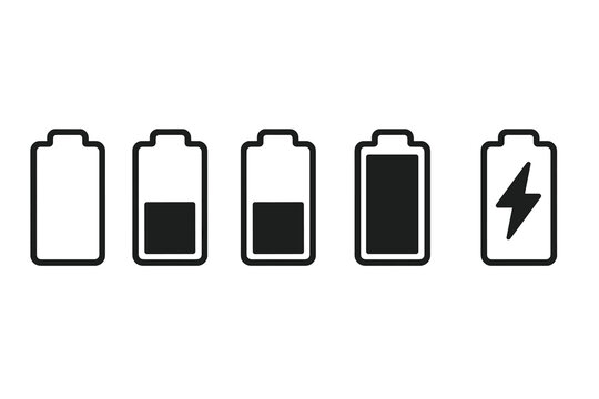 Battery level icon set. Charge status sign collection with empty, low, medium, full, and charging symbol. Battery level indicator for mobile app and UI UX design element.