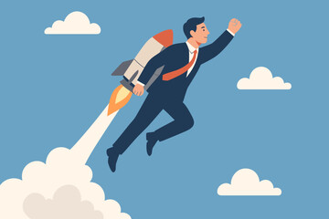 Business takeoff concept. Businessman with rocket booster. Boost growing speed to success. Ambition, leadership, innovation for advantage. New job, startup launch, career fast.