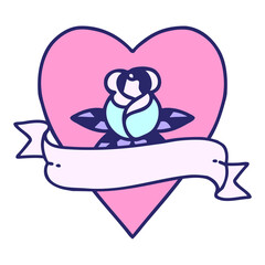 tattoo in traditional style of a heart rose and banner  in bright neon color