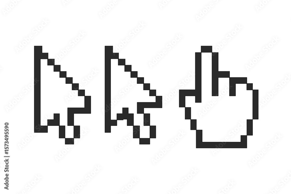 Poster pixelated mouse cursors icon set. computer pointer arrow and hand symbol. retro 8-bit graphic user i