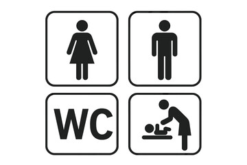 Restroom signs icon set. Male and female toilet symbols. Public washroom pictogram collection. WC, men, women, and baby changing station vector signs for public places.