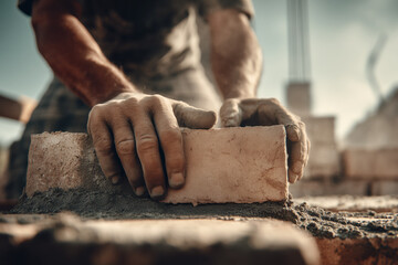 Hands of Old Man Building Brick Wall