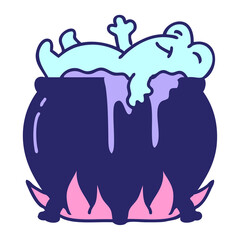 cartoon of a frog bathing in a cauldron in bright neon color