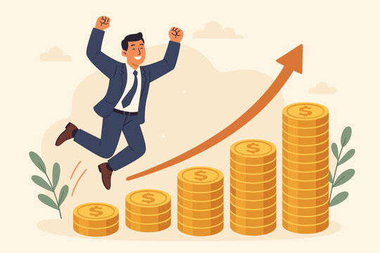 Compound interest, money growth investment, prosperity and earning concept. Happy businessman investor jumping at financial profit and success. Wealth, savings, and profitability.