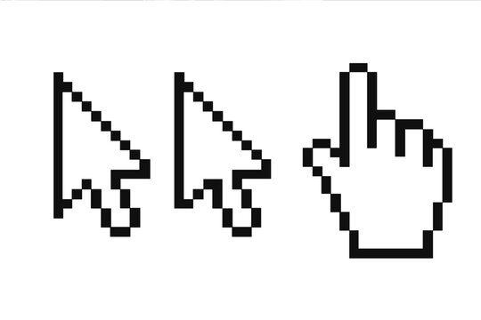 Computer mouse cursor icons. Pixel pointer symbol. Arrow and hand cursor. Click button icon set. Web digital graphic element. 8 bit retro style. Navigation sign vector.