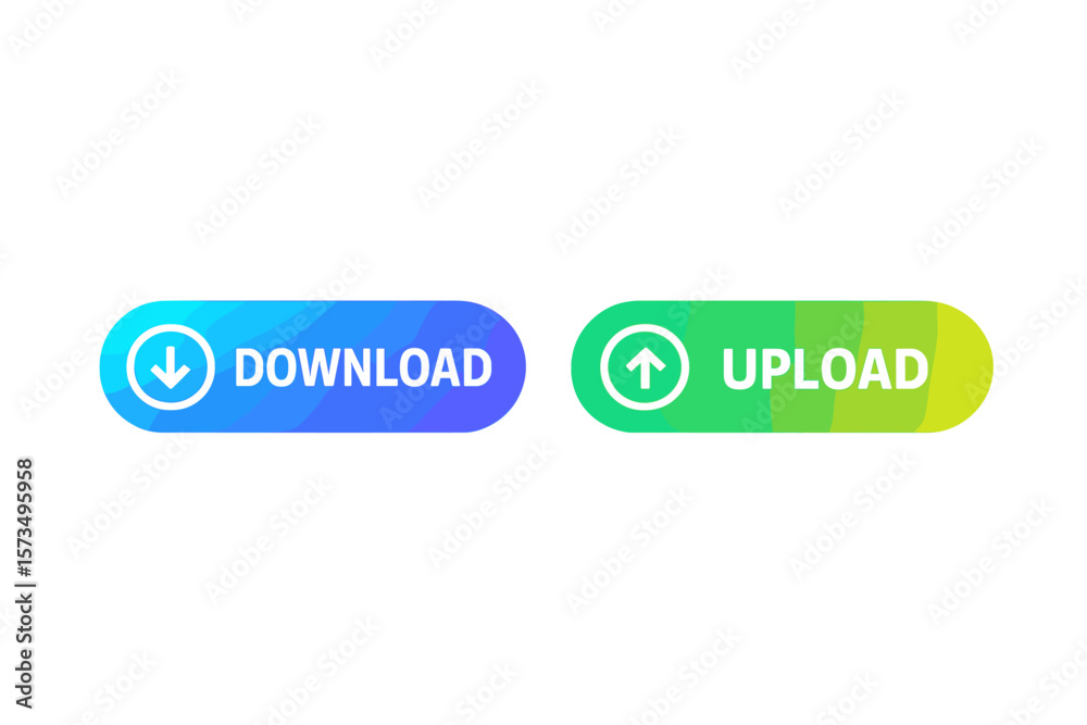 Poster download and upload buttons. modern gradient ui elements. blue and green rounded web buttons with ar