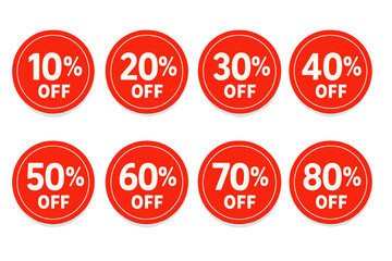 Red Discount Sale Stickers Set. Percentage Off Labels. 10%, 20%, 30%, 40%, 50%, 60%, 70%, 80% Off. Promotion Badge. Shopping Offer Tag. Vector Icon. Retail Marketing. Transparent Background