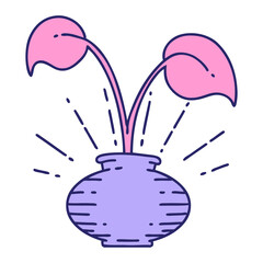 illustration of a traditional tattoo style houseplant in vase in bright neon color