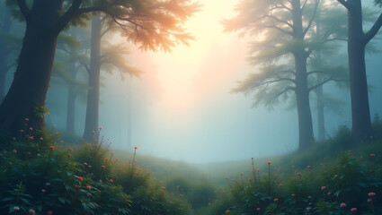 Misty forest in the early morning light, soft pastel colors