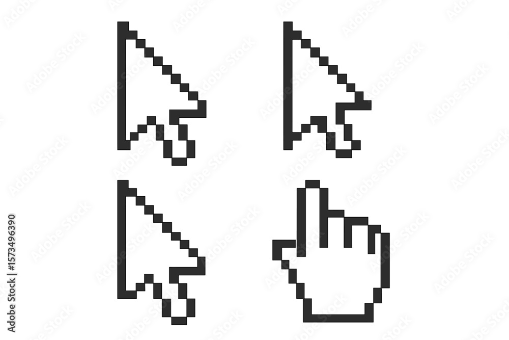Poster pixelated computer mouse cursor icon set. collection of retro 8-bit pointers. arrow and hand symbols