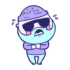 cartoon bearded man crying wearing sunglasses in bright neon color