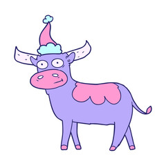 hand drawn line drawing of a bull wearing santa hat in bright neon color