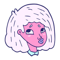 cartoon doodle face of a girl in bright neon color