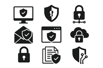 Cyber security icon set. Data and network protection symbols for app, ui, website. Computer technology protection, internet safety, secure cloud access, privacy vector icons.