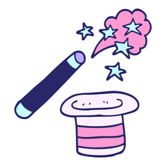 cartoon doodle magicians hat and wand in bright neon color