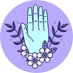 iconic tattoo style image of a hand and flower in bright neon color
