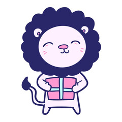 cartoon lion with christmas present in bright neon color