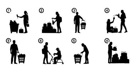 Silhouette sequence showing people buying items and getting assistance with shopping cart and bag at various steps.