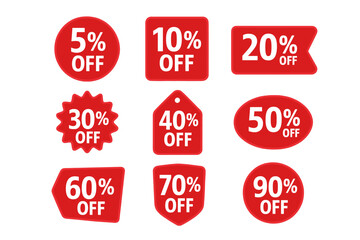 Sale discount sticker collection. Red product tag set. Special offer shopping labels and badges with 5 to 90 percent off. Vector price symbols for retail promotion.