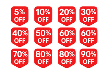 Discount sticker product tag set. Shopping discount label badge collection with 5 to 90 percent off. Vector sale symbol for retail promotion, marketing and special offer.