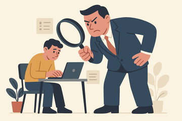 Micromanaging boss supervising employee with magnifying glass, toxic manager controlling work, excessive supervision, workplace stress, micromanager oversight, office authority