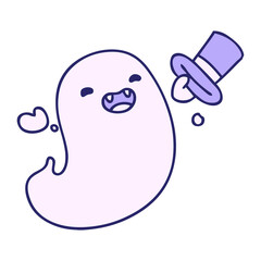 cartoon of a happy halloween ghost with top hat in bright neon color