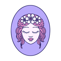 tattoo in traditional style of a maiden with eyes closed in bright neon color